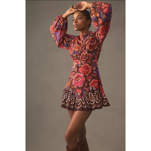 FARM Rio Dresses & Skirts - NEW Farm Rio Long Sleeve Mini Dress in Bright Flora Brown Size Large
